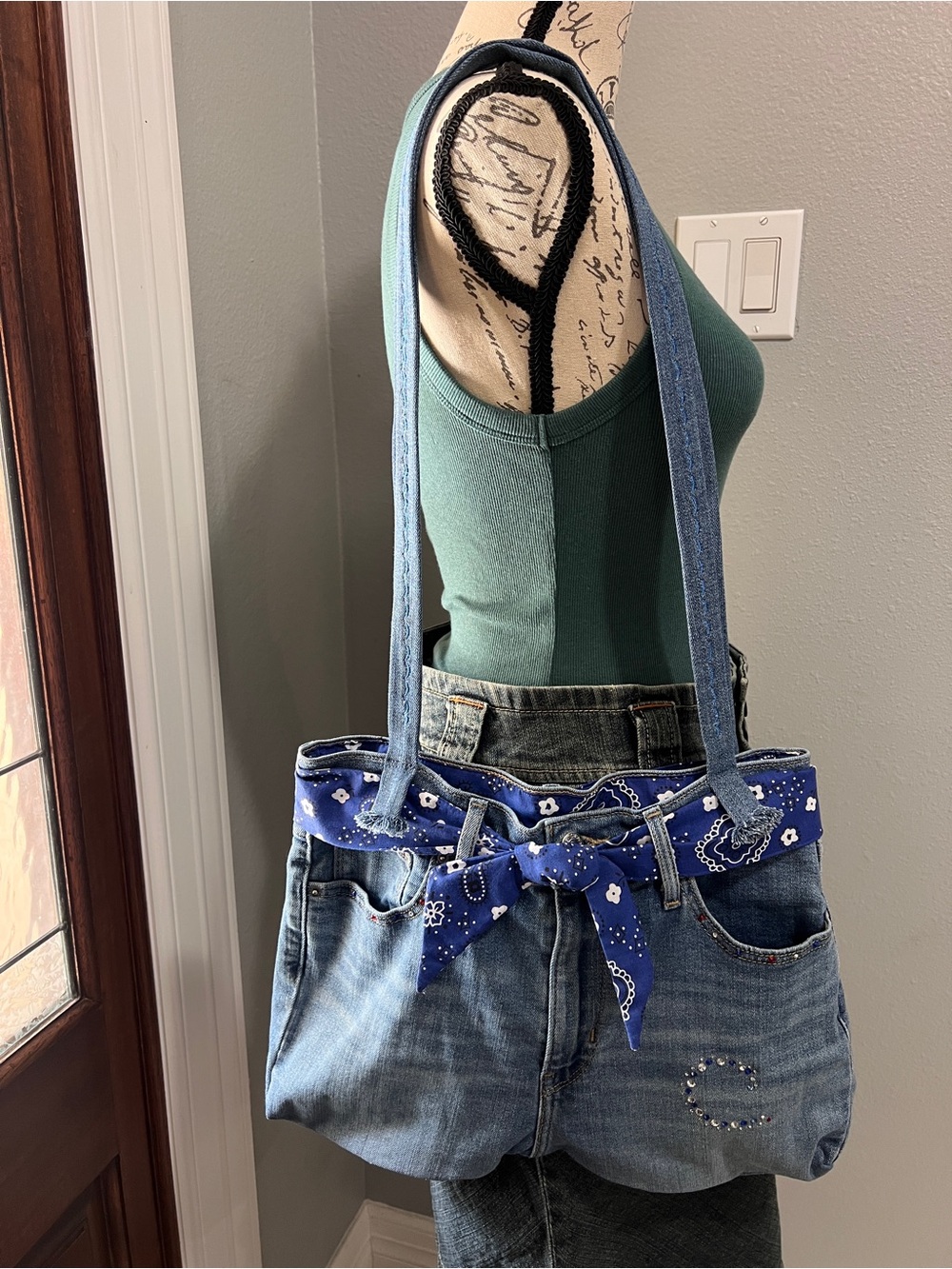 Levi's Upcycled Denim Tote Bag Blue Paisley Bandana Rhinestone Y2K Shoulder Bag